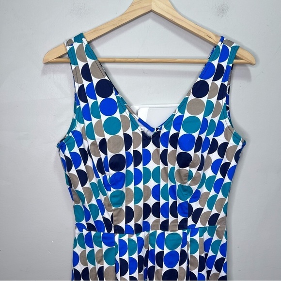 BANANA Republic Green Blue Polka Dot Pleated Sleeveless Dress Fit & Flare Size 4 - Picture 2 of 8